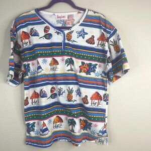 Penny Lane Vintage Beach Print Top Womens Medium Coastal Seashell Retro